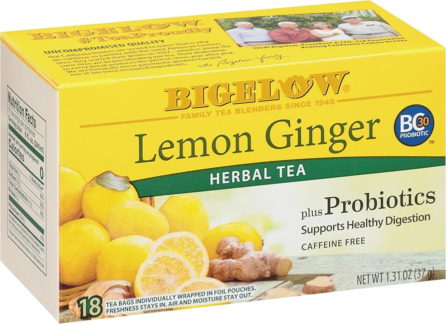 Bigelow Tea Lemon Ginger plus Probiotics Herbal Tea, Caffeine Free Tea with Lemon and Ginger, 18 ... | Amazon (US)
