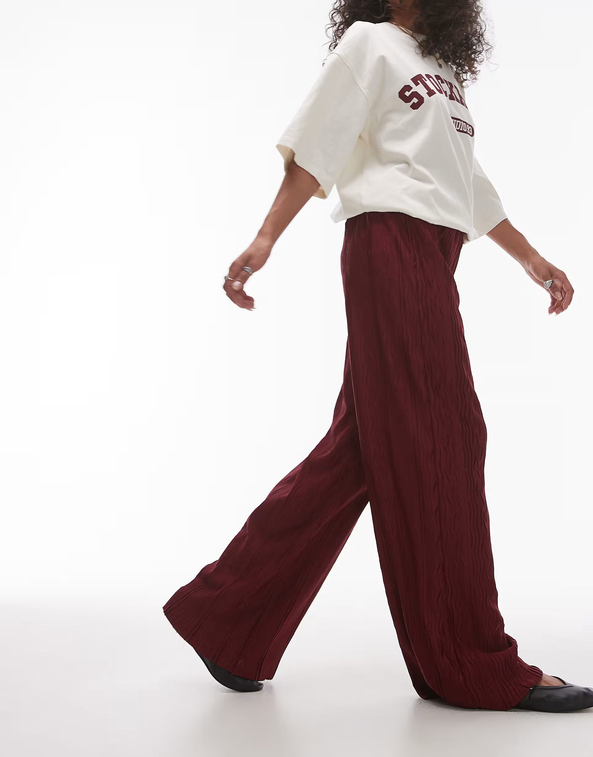 Topshop crinkle plisse wide leg trouser in burgundy | ASOS (Global)