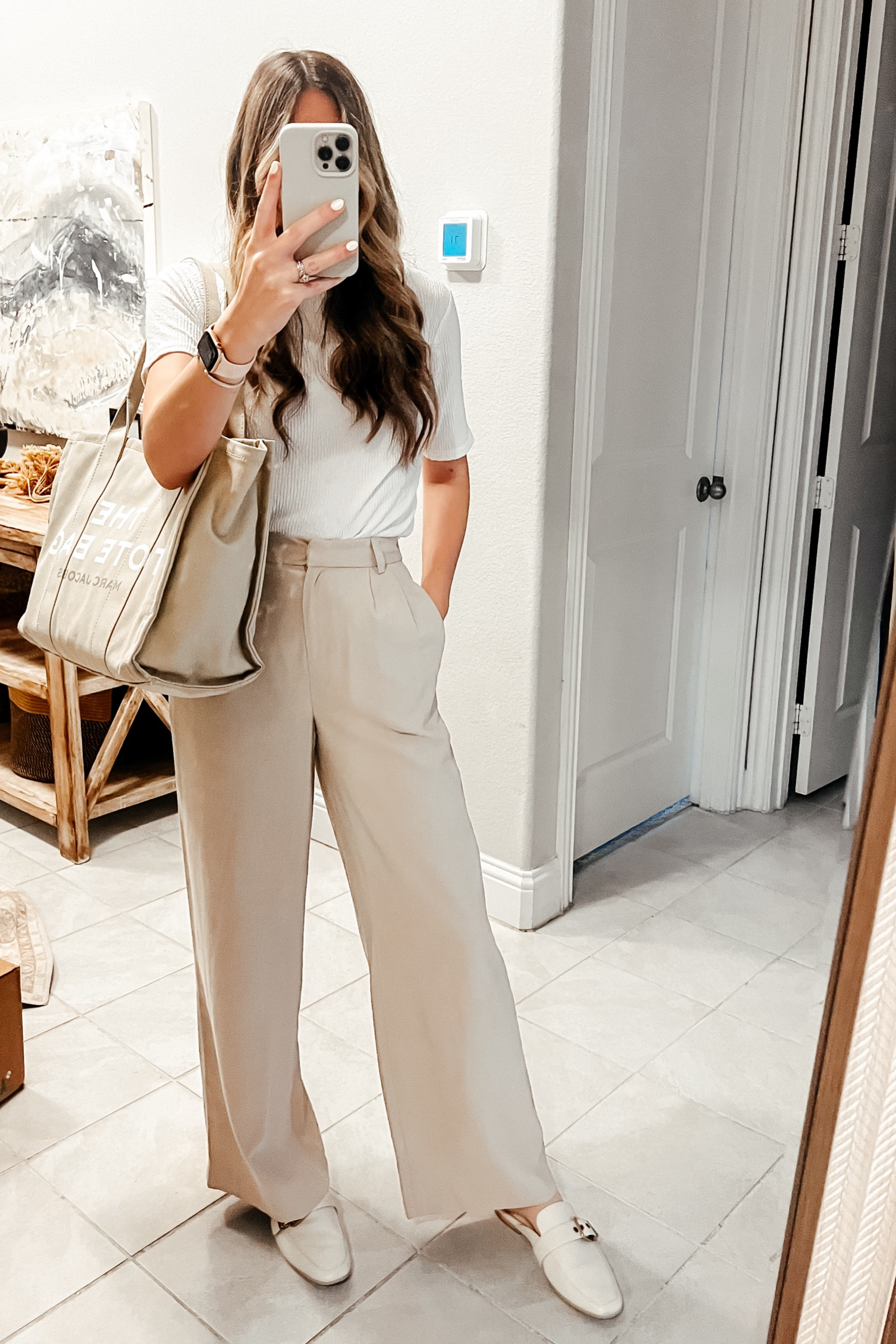 Work ootd. These trousers are so soft and comfortable! Sized up to a 2. 

Workwear inspo 
Work outfits
Spring style 
Summer style 
Cool girl trend 
Trend outfit
Mom style 
Corporate style 
Office outfit spring 
Office outfit summer 
Tan trousers outfit 
Marc Jacobs Tote 
Work tote 
Work bag 

#LTKworkwear #LTKsalealert #LTKstyletip