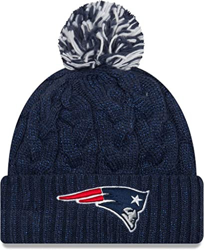 New Era Women's NFL Cable Knit Team Logo Wordmark Tech Cuffed Pom Beanie Cold Weather Knit Hat - New England Patriots - Navy | Amazon (US)