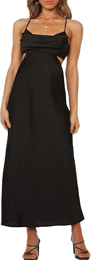 Fiemaoves Satin Silk Slip Backless Maxi Dress for Wedding Guest- Cut Out Cowl Neck Cocktail Long ... | Amazon (US)