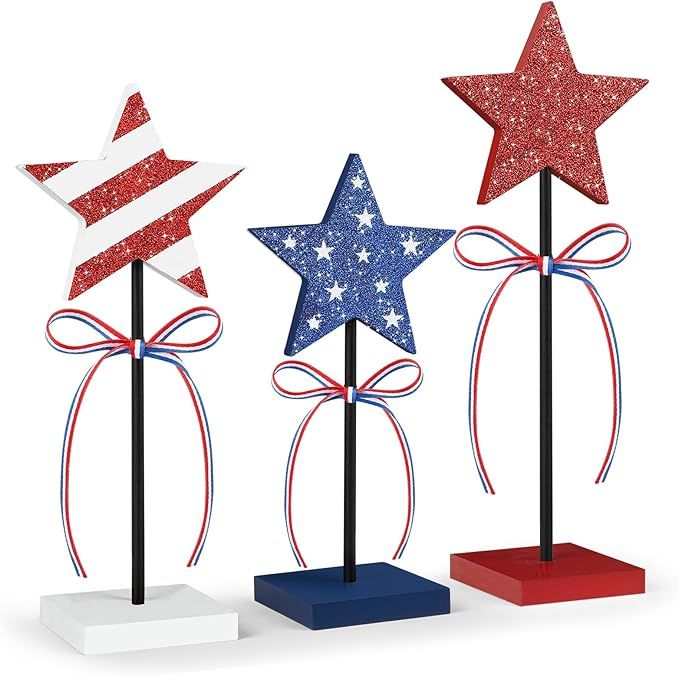 4th of July Tiered Tray Decor Wooden Star Set, 3 Pcs Memorial Day Table Decorations, Rustic Patri... | Amazon (US)