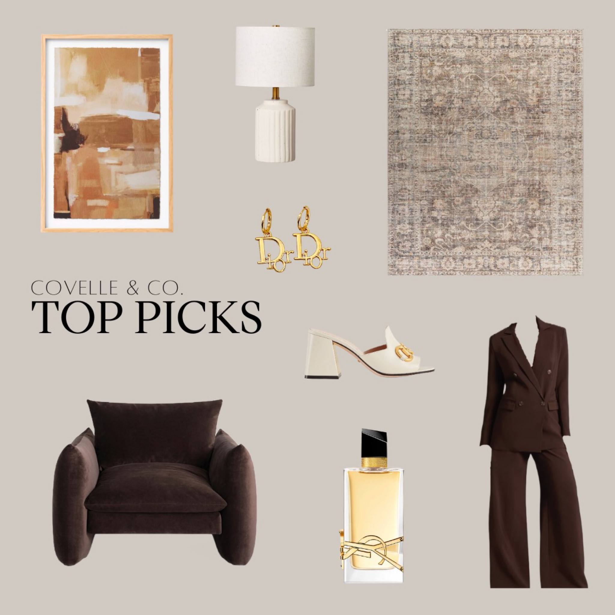 🍂 Embracing Autumn's Warmth 

As the leaves change their colors, it's time to switch up our style and home decor too! 

👋 Farewell, white jeans and sunflowers; hello, warm-toned business attire and cozy home decor. There's no better feeling than turning your Pinterest board into a reality. ✨

👚 Fall Fashion:
Elegance meets confidence with a stunning NY&Company sophisticated pant suit, perfectly complemented by dazzling gold Dior earrings. Slide into style with Gucci chained slides and leave a trace of luxury with a hint of YSL perfume. You are the embodiment of chic sophistication. 💃💼✨

🏡 Home Haven:
Your home should reflect your style when you entertain guests. Create an inviting ambiance with a Wayfair vintage brown boho rug as the foundation of your space. The Lulu & Georgia accent puffer arm chair is both trendy and comfortable, making it the perfect addition. Illuminate your surroundings with Target Fluted Ceramic table lamps, adding a touch of modern elegance to your space. Complete the look with captivating abstract paintings that tell a unique story. 🖼️🏡

This fall, let's embrace the changing seasons in style and make our homes the coziest retreats for friends and family. 🍂✨

#FallFashion #HomeDecor #StyleInspo #InteriorDesign #OOTD #CozyHome #Fashionista #AutumnVibes #SlayTheSeason

#LTKstyletip #LTKGiftGuide #LTKSeasonal