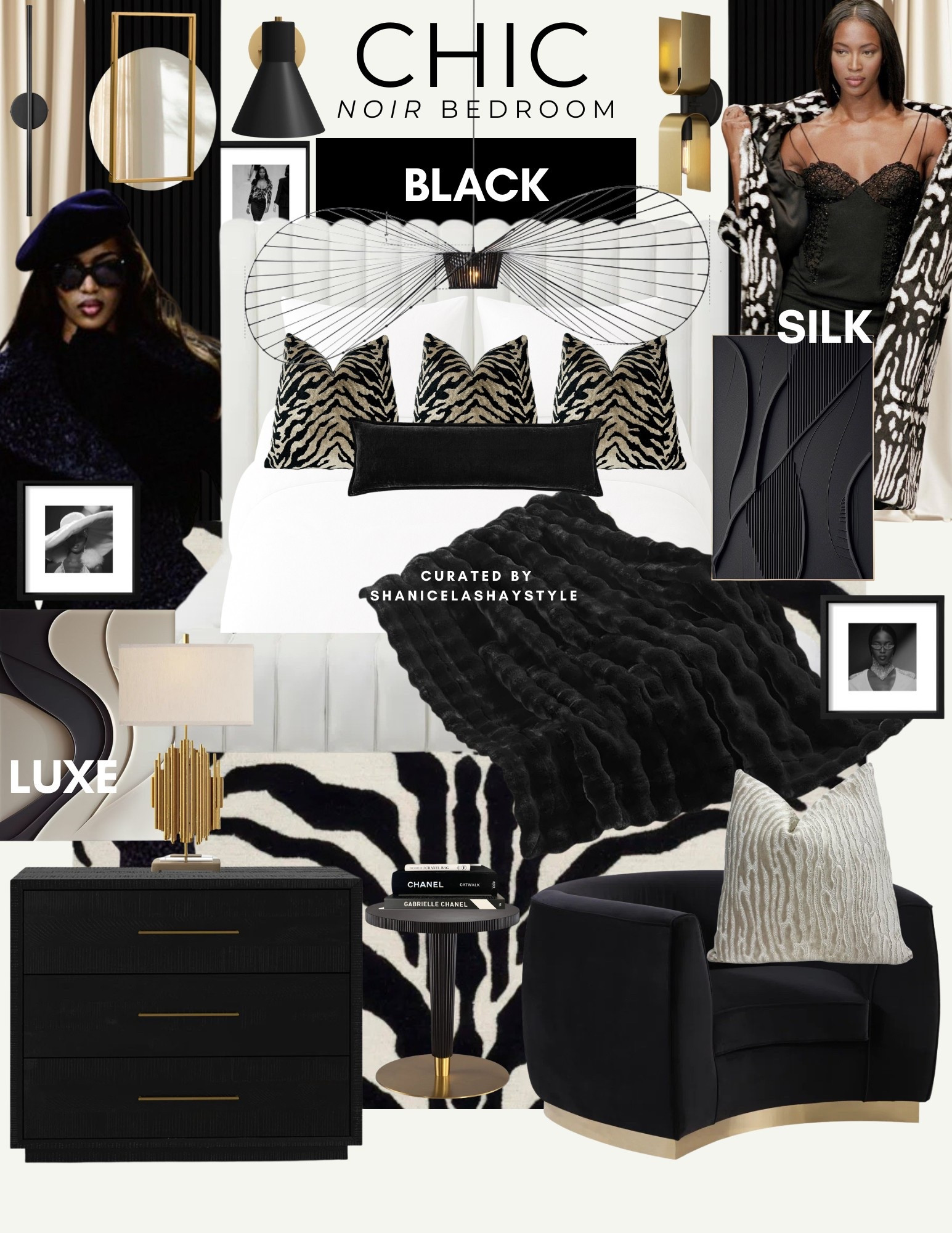 This Chic Noir bedroom is for the ones who love timeless glamour with a modern edge. Inspired by Naomi Campbell’s iconic all-black look from Azzedine Alaïa Fall/Winter 1991 and the black-and-white coat from Valentino Fall/Winter 1998, this space blends rich textures, sculptural details, and bold simplicity. If you’re into fashion-forward interiors that feel minimal but luxe, this one’s for you. 

#chicinteriors #fashiontohome #blackdecor #noirbedroom #interiormoodboard #styledbyshanice #homeinspo #luxuryminimalism #runwaytoroom #ltkhome #azzedinealaiainspired #valentinovibes #blackandwhitedecor #designerinspiredspaces #glambedroomgoals #elevatedinteriors #homestylingseries 

#LTKStyleTip #LTKHome