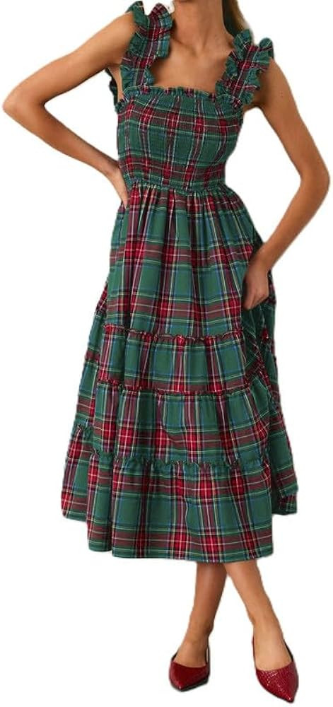 Women Christmas Plaid Maxi Dress Sleeveless Square Neck Backless Long Dress Ruffle Sleeve Cocktai... | Amazon (US)