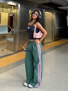 SHEIN EZwear Women's Elastic Waist Side Striped Wide Leg Loose Casual Pants,Cargo Pants | SHEIN