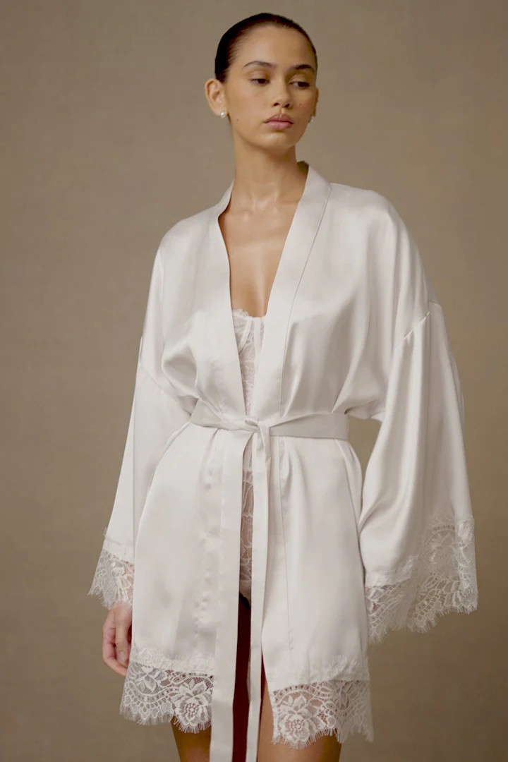 Annabeth Lace Trim Bridal Robe - White | MESHKI US