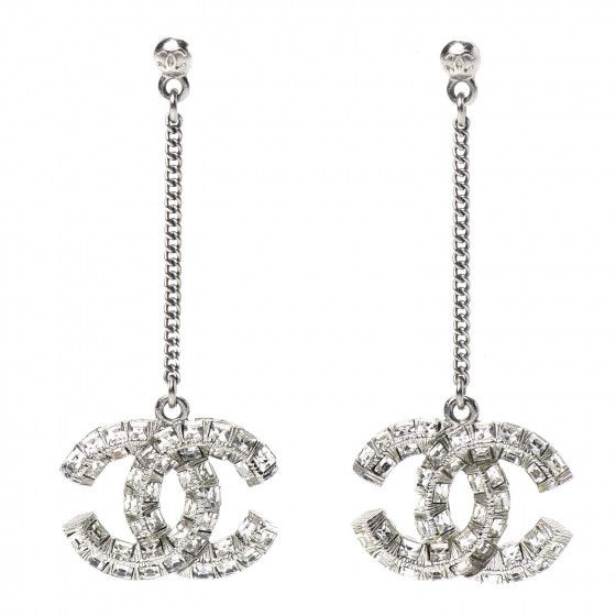 CHANEL Baguette Crystal CC Drop Earrings Silver | Fashionphile