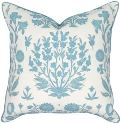 Jillien Harbor “The Charlotte” Bright Sky Blue Floral Block Print Pillow Cover – Off-White ... | Amazon (US)
