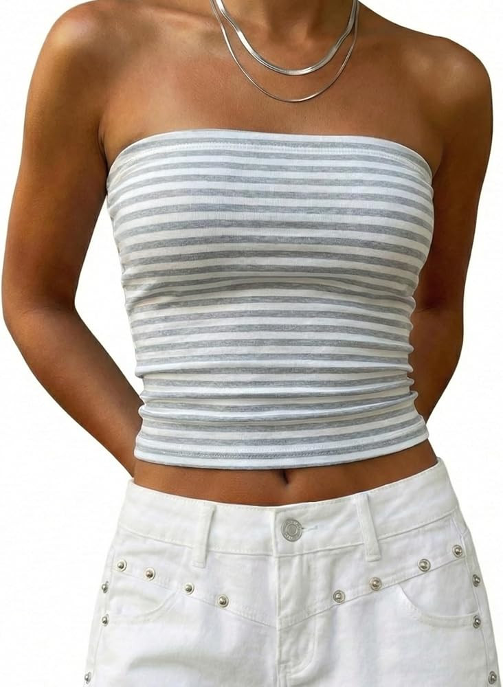 Women Cute Striped Tube Tops Y2K Aesthetic Strapless Bandeau Sleeveless Backless Crop Top Casual ... | Amazon (US)
