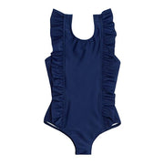 girls navy ruffle one piece | minnow
