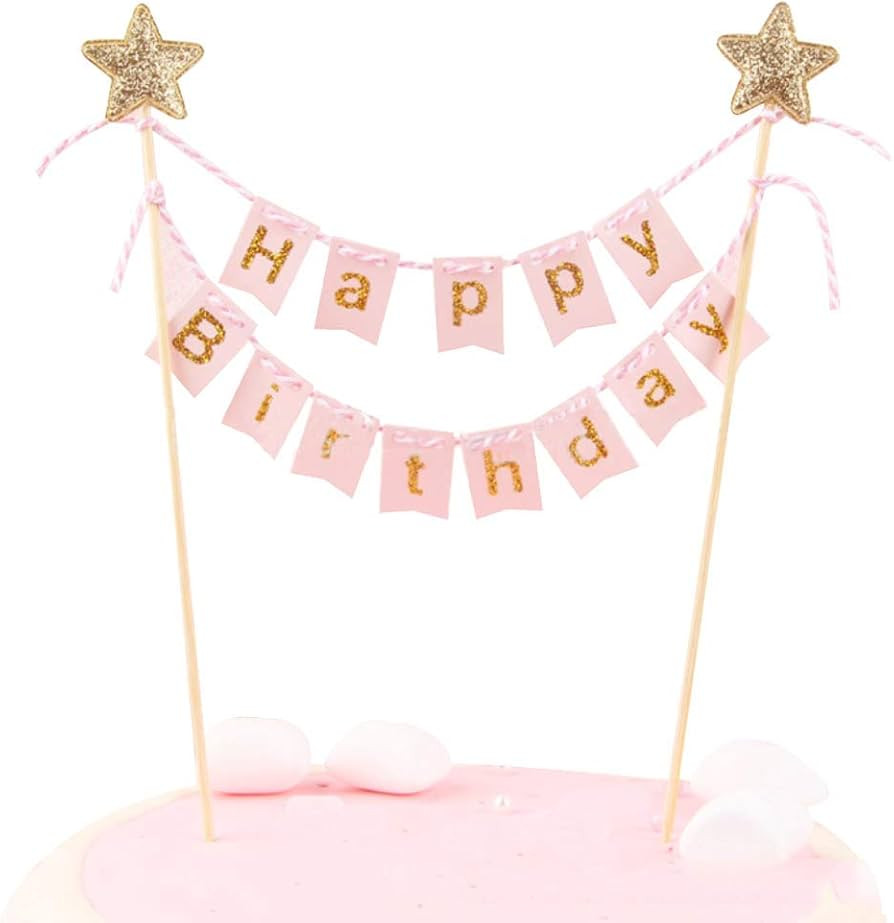 Happy Birthday Cake Topper Banner - Handmade Ivory Pennant Flag Banner Cake Topper with Wooden Po... | Amazon (US)