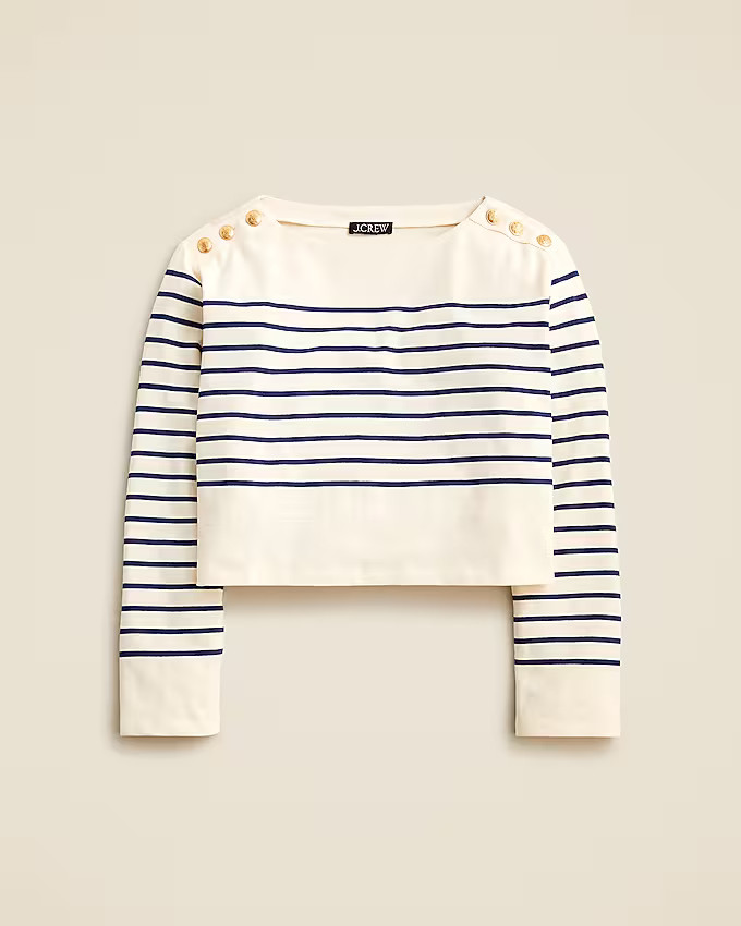 Cropped boatneck T-shirt with buttons in mariner cotton | J. Crew US