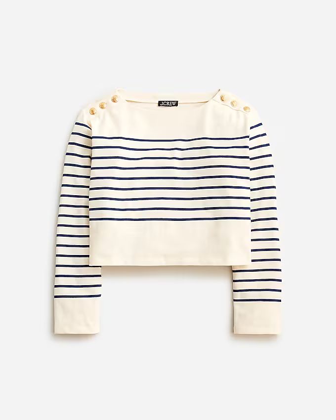 Cropped boatneck T-shirt with buttons in mariner cotton | J.Crew US