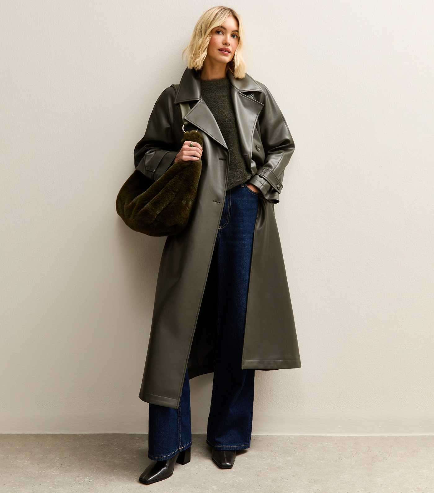 Dark Khaki Faux Leather Trench Coat | New Look | New Look (UK)