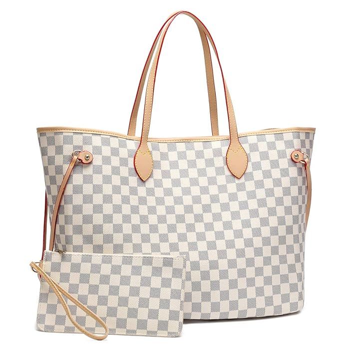 Womens Classic Canvas Neverfull Top-Handle Tote Bag Large Capacity Checkered Shoulder Bag with Pi... | Amazon (US)