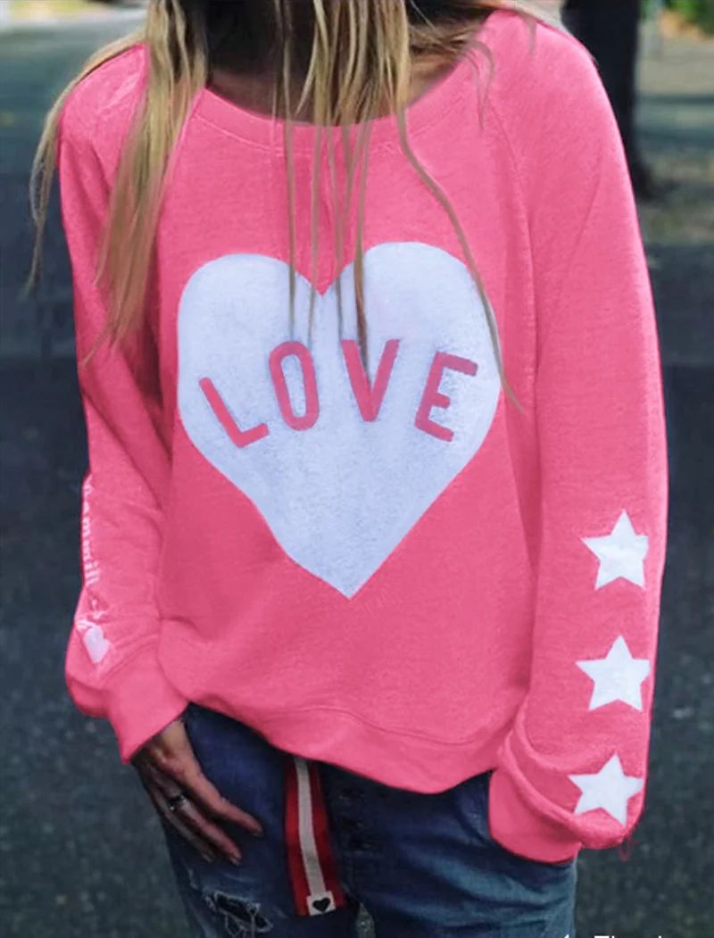 Women's Loose Long Sleeve Blouses Round Neck T-shirt Heart Printing Sweater | Walmart (US)