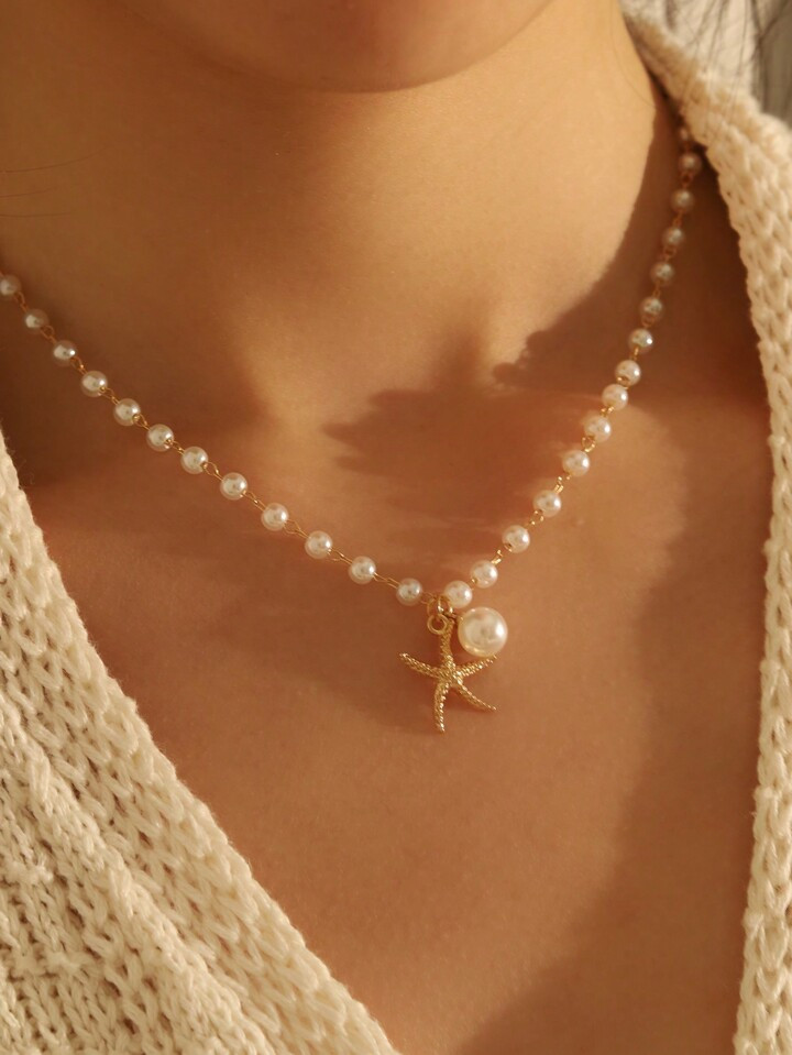 1pc Ocean Style Faux Pearl Necklace&Starfish Women's Necklace, Suitable For Vacation, Daily Life, Gifts, Fashion Accessories | SHEIN