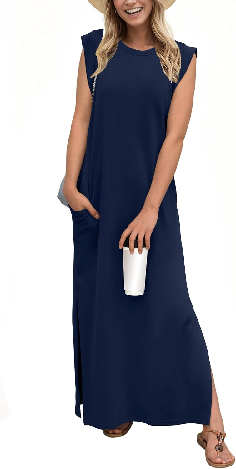 GRECERELLE 2026 Women Year-Round Casual Round Neck Loose Split Wrinkle-Free Long Maxi Vacation Dress with Pockets (XXS-4XL) | Amazon (US)