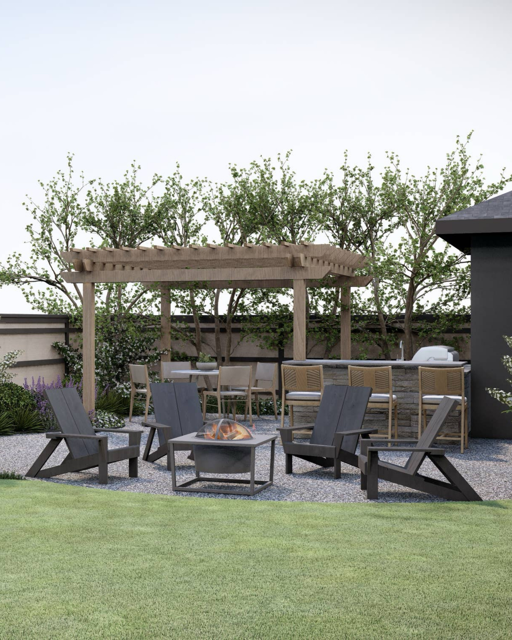 backyard inspo from Yardzen 😍 
Pergola, Adirondack Chairs, Outdoor kitchen, iron fire pit, outdoor table 

#LTKSeasonal #LTKHome