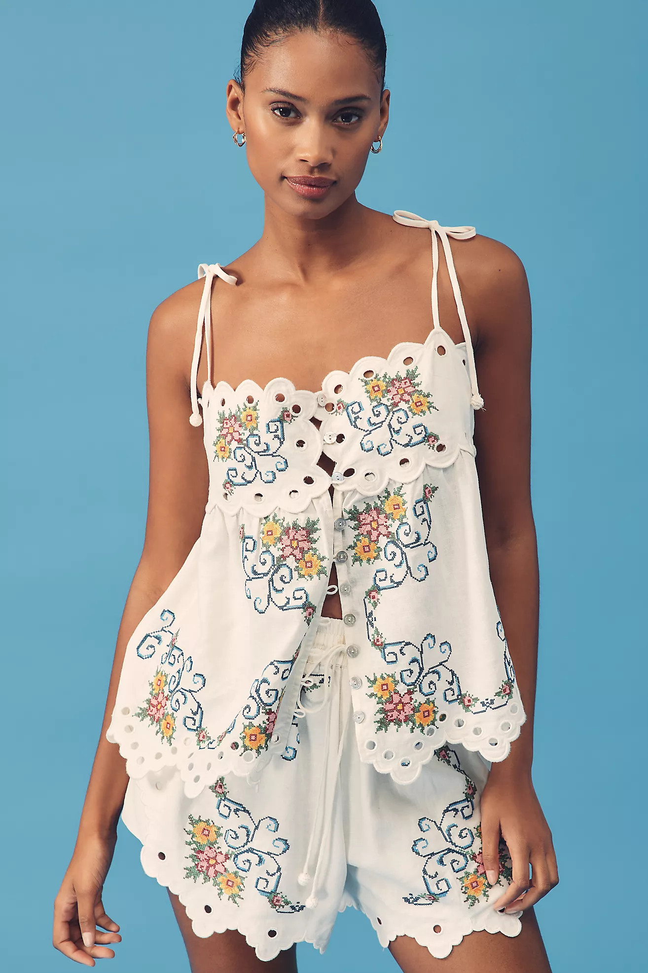 Farm Rio Grandma's Treasure Linen-Blend Sleeveless Eyelet Blouse | Anthropologie (US)