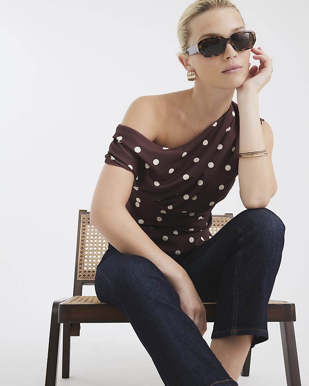 Brown Polka Dot Short Sleeve Drape Top | River Island UK & IE