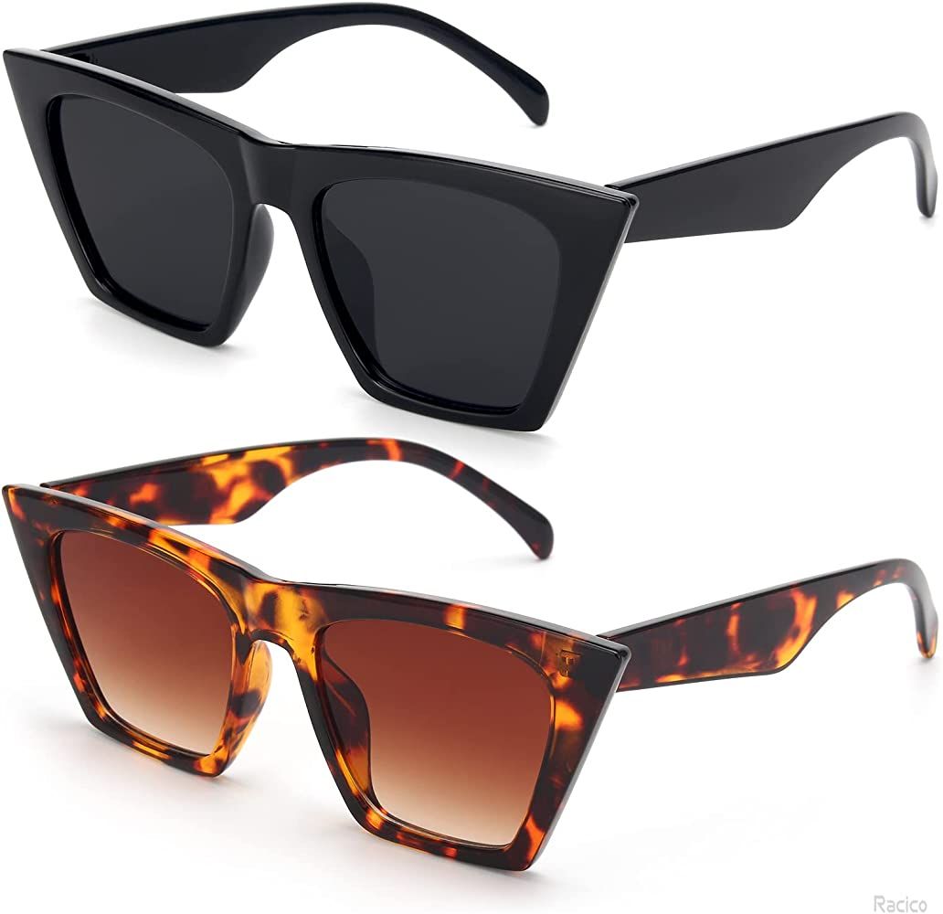 Trendy Cat Eye Sunglasses Women - 2 pack Vintage Oversized Cateye Style Square Sun Glasses Women Men | Amazon (US)