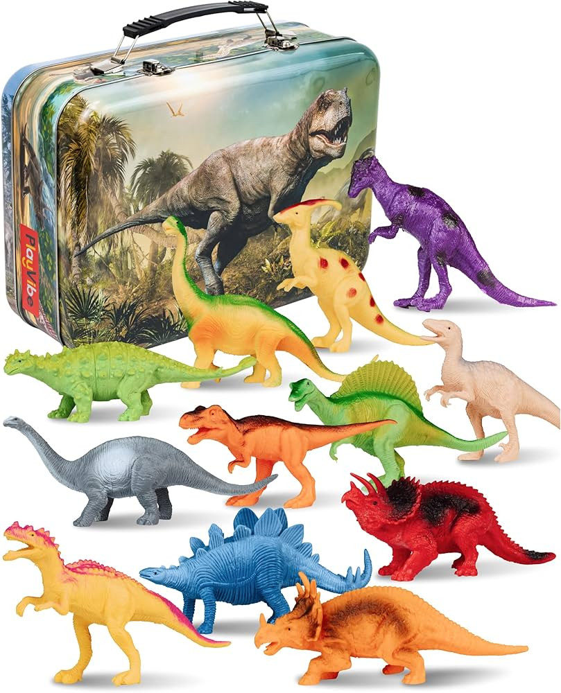 PLAYVIBE Dinosaur Toys - 12 Realistic 7-Inch Models, Multi-Color, Metal Storage Box - Dinosaur Fi... | Amazon (US)