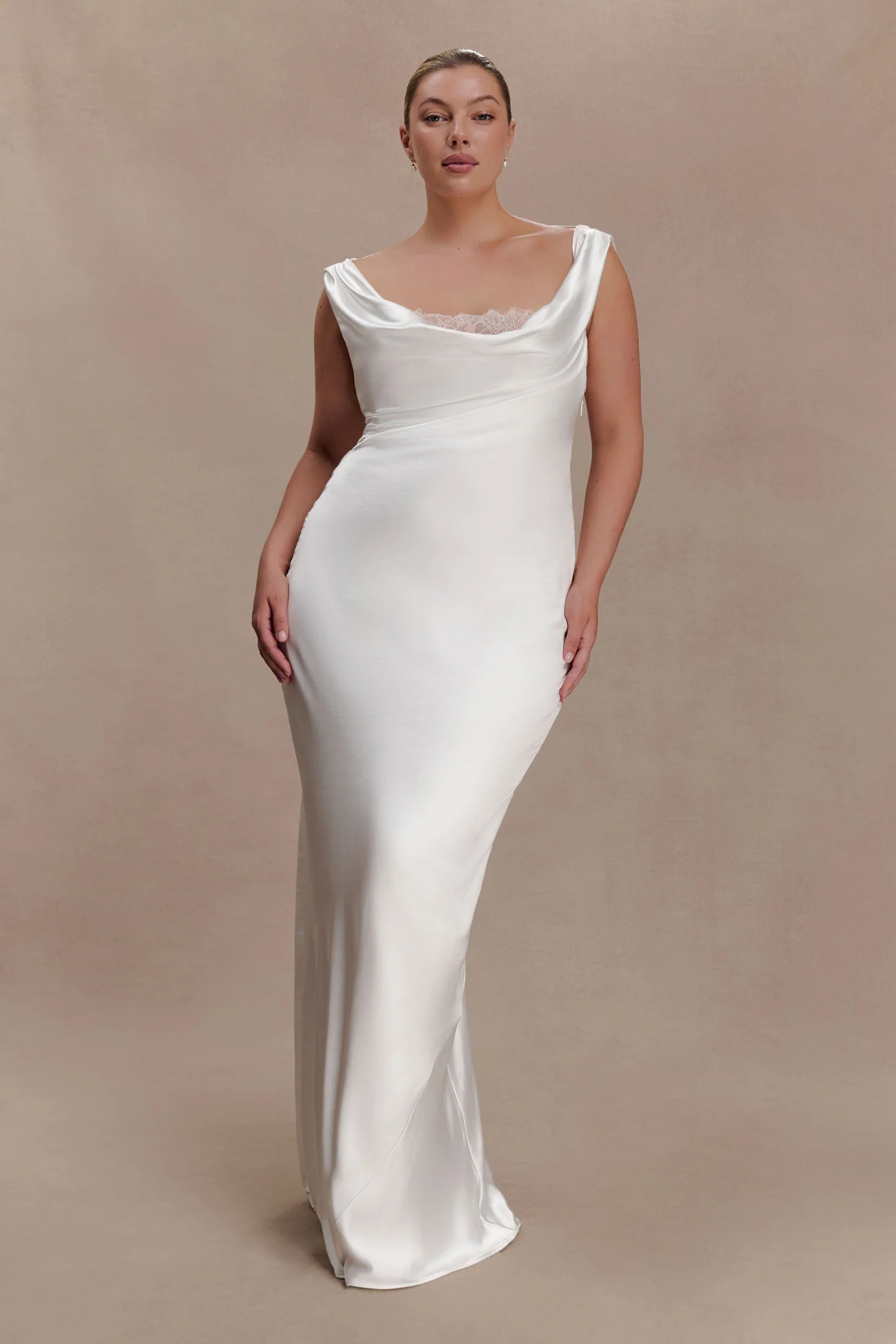 Ashley Cowl Neck Lace And Satin Maxi Dress - Ivory | Meshki UK