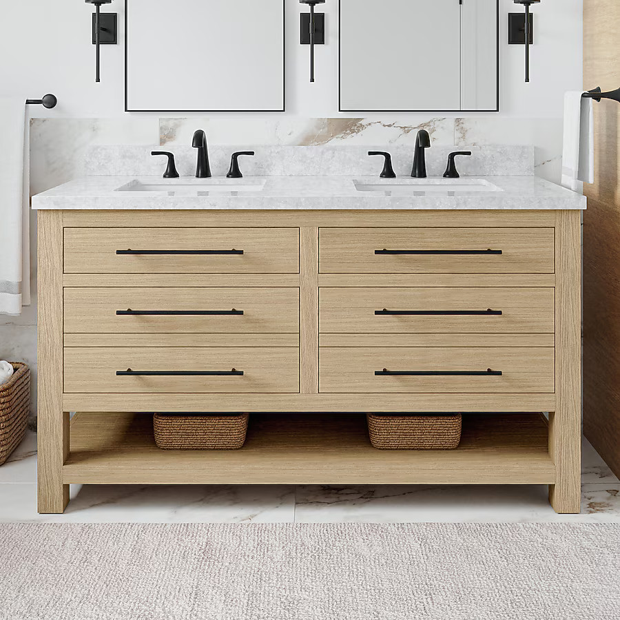 allen + roth Kennilton 60-in Light Oak Undermount Double Sink Bathroom Vanity with White Veined E... | Lowe's