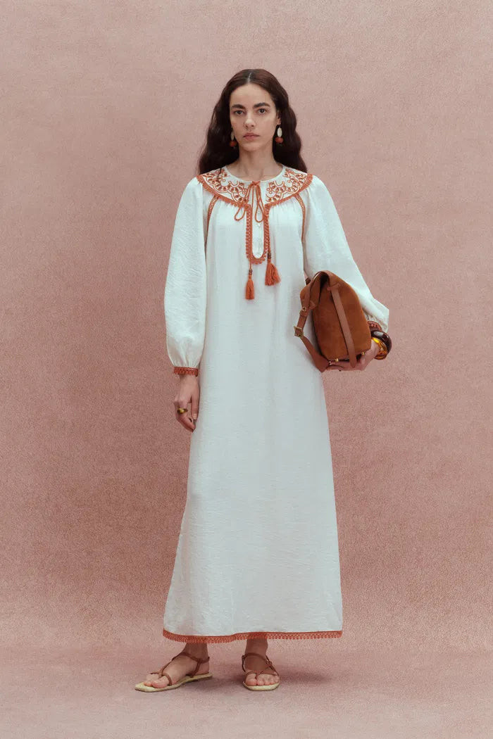 Virginia Artisan Embroidery Tie Neck Dress in Cotton Linen Blend | Fabrique