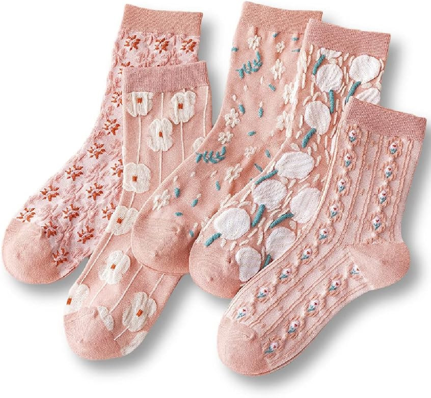 TOOGEN Women Vintage Pink Floral Patterned Cute Ruffle Cotton Ankle Socks 5 Pairs | Amazon (US)