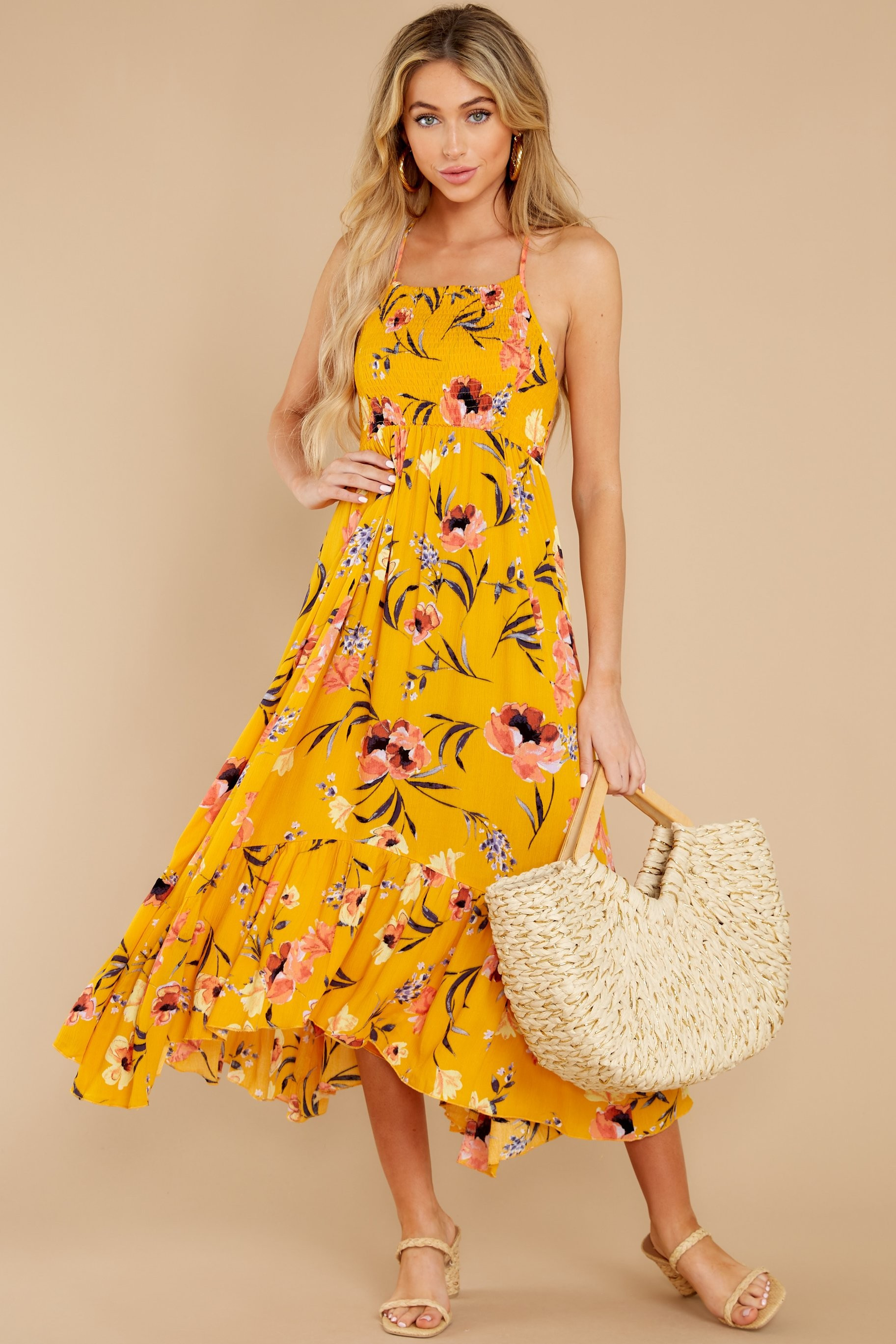 Marigold Moments Dark Yellow Floral Print Maxi Dress | Red Dress 