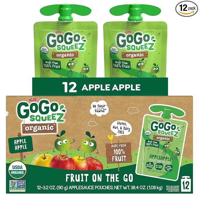 GoGo squeeZ Organic Applesauce and Fruit Puree, Apple Apple, 3.2 oz (Pack of 12), Unsweetened Org... | Amazon (US)
