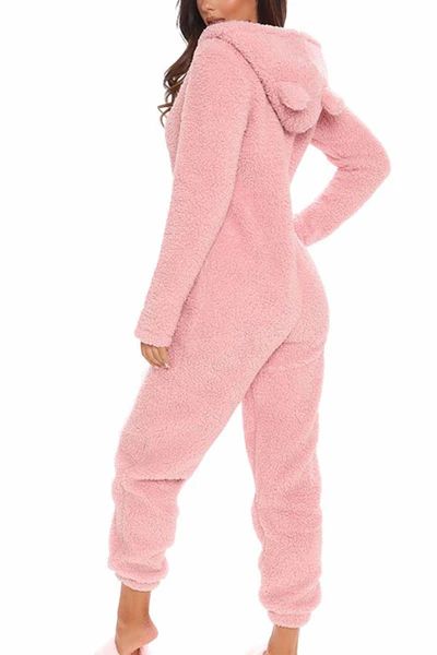 Zip Long Sleeve Fuzzy Onesie Loungewear With Hooded | PinkQueen Apparel Inc.