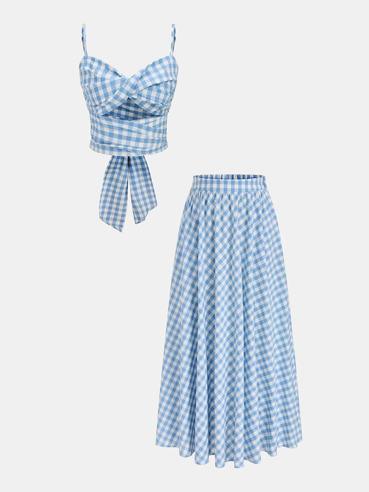 Gingham Wrap Tie Cami Top & Midi Skirt Set | Commense