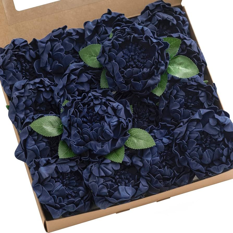 Ling's Moment Flowers 16pcs Navy Blue Blooming Peonies Artificial Flowers with Stem, Artificia... | Amazon (US)