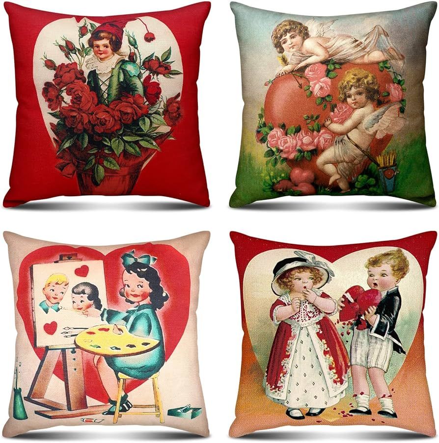 4 Pcs Vintage Valentine's Day Pillow Covers 18 x 18 Inch Retro Valentine Cushion Pillow Covers Re... | Amazon (US)