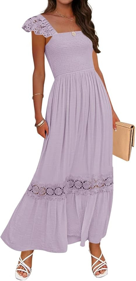 ZESICA Women's 2026 Summer Lace Strap Sleeveless Square Neck Smocked High Waist Ruffle Hollow Out... | Amazon (US)