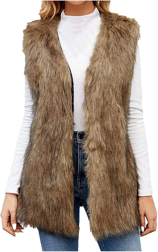 Long Faux Fur Vest Women's Sleeveless Fur Vest with V-Neck Elegant Plain Vest Jacket Thick Warm F... | Amazon (UK)
