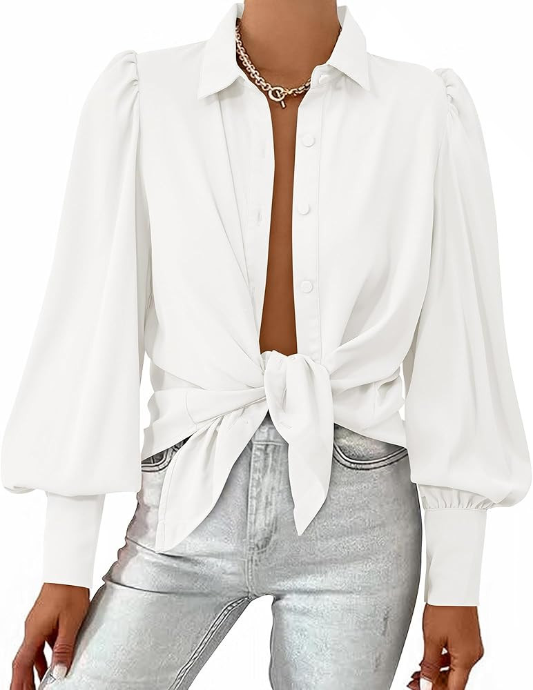 BTFBM Women Fashion Button Down Shirts Lapel V Neck Printed Solid Boho Long Sleeve Blouses Dressy... | Amazon (US)