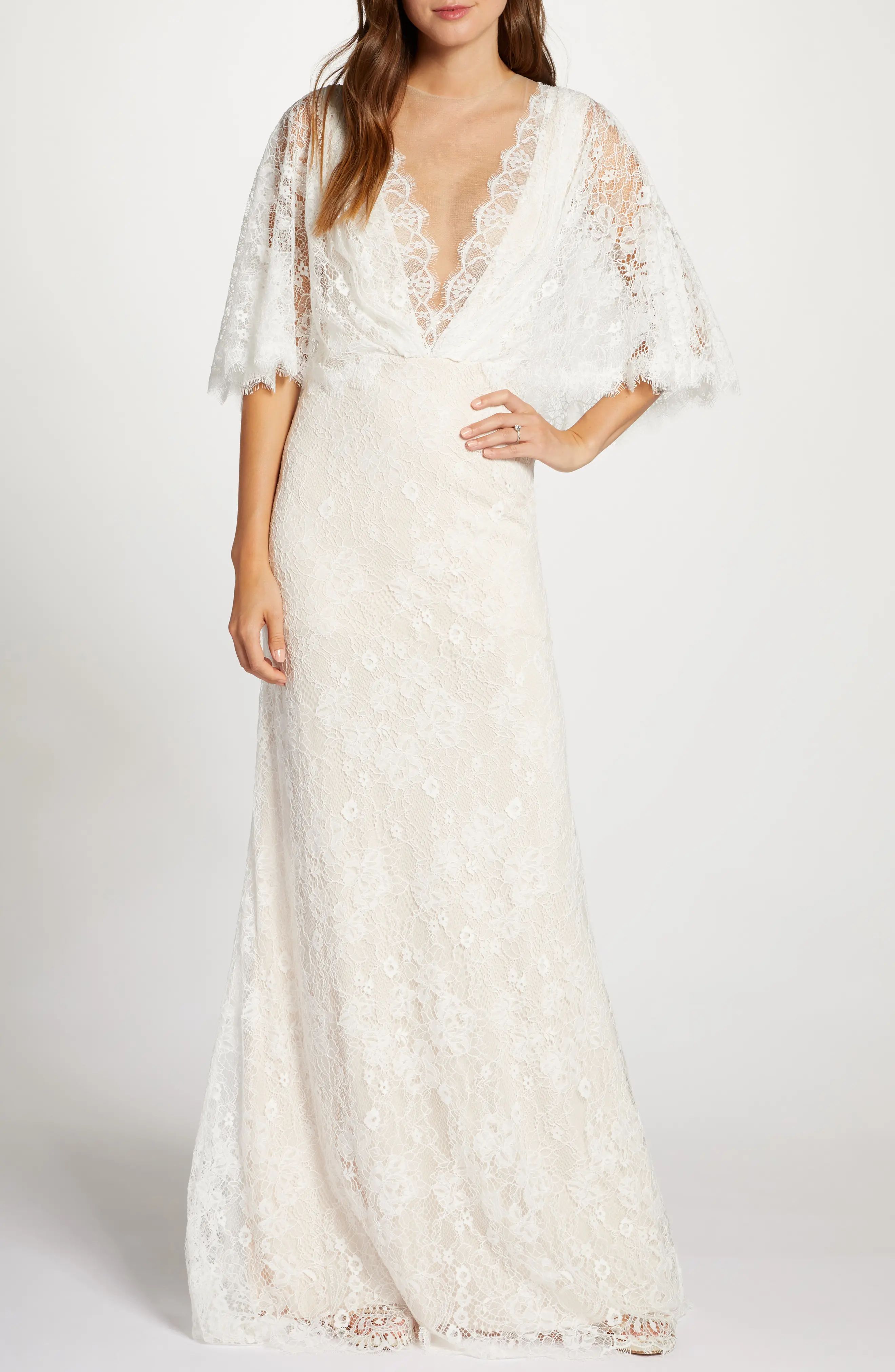 Women's Tadashi Shoji Capelet Lace Wedding Dress, Size 14 - Ivory | Nordstrom