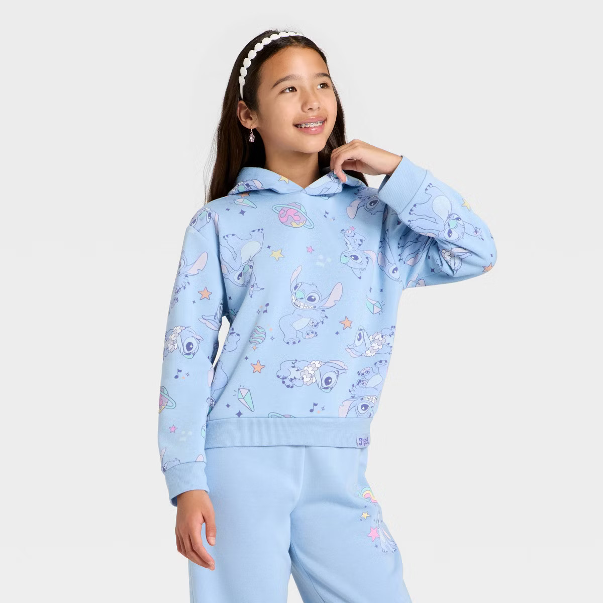 Girls' Disney Stitch Hooded Fleece Sweatshirt - Aqua Blue XL | Target