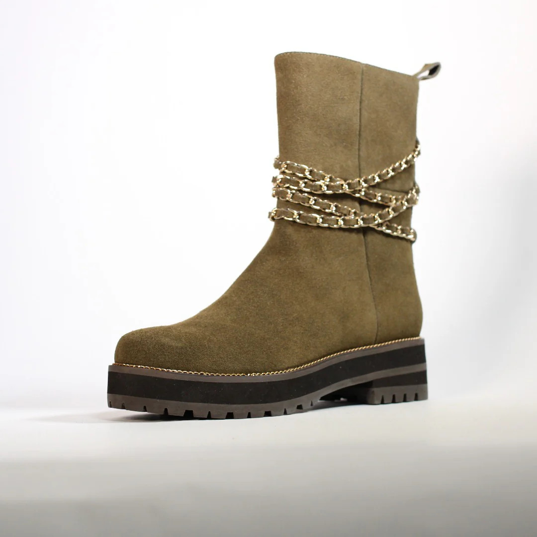 CECELIA NEW YORK-MISUNDERSTOOD MID CHAIN BOOT DOLIVE SUEDE | Cecelia New York