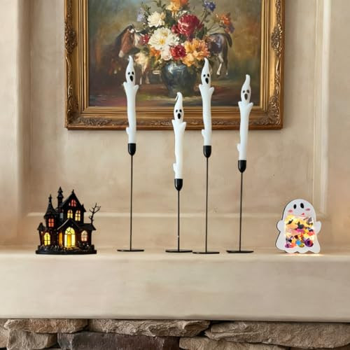 Halloween Ghost Candles Set, Cute Spooky White Taper Candles with Ghost Face for Halloween Decorations, Haunted House, Party Table Centerpiece, Gothic Home Decor, Trick or Treat Supplies (4PCS) | Amazon (US)