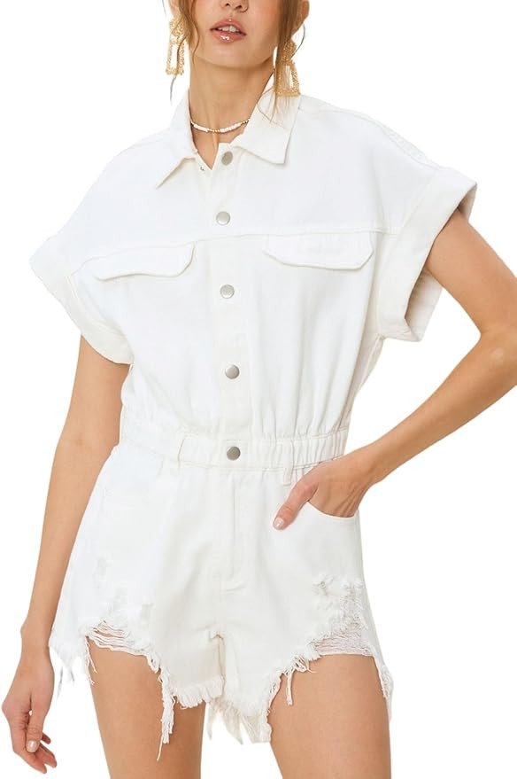 Women's Distressed Denim Romper Short Cuffed Sleeve Jean Jumpsuit Collared Ripped Frayed Shortall... | Amazon (US)