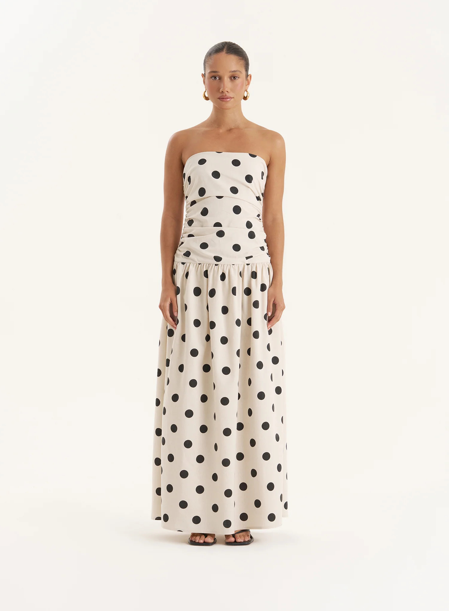 Polka Dot Linen Blend Bandeau Maxi Dress- Brona | 4th & Reckless