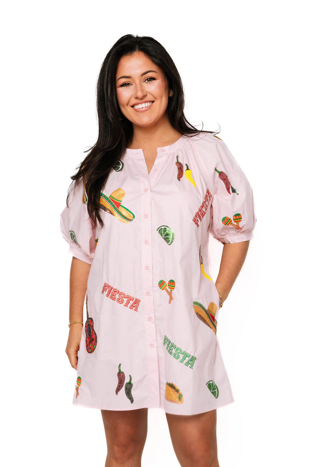 Light Pink Cinco Icon Button Up Cotton Dress | Queen of Sparkles