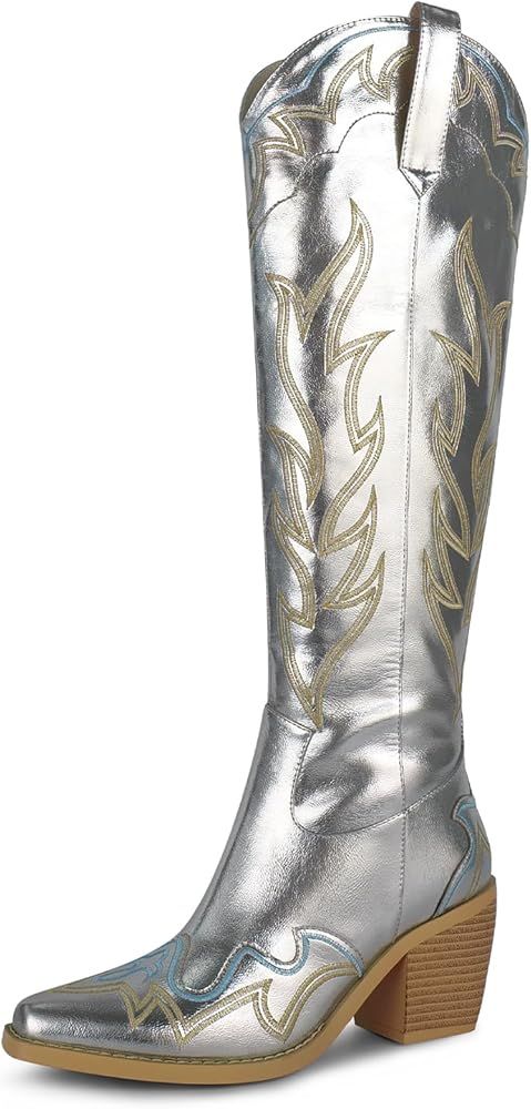 wetkiss Knee High Cowboy Cowgirl Boots for Women, with Unique Embroidery, Side Zipper and Chunky ... | Amazon (US)