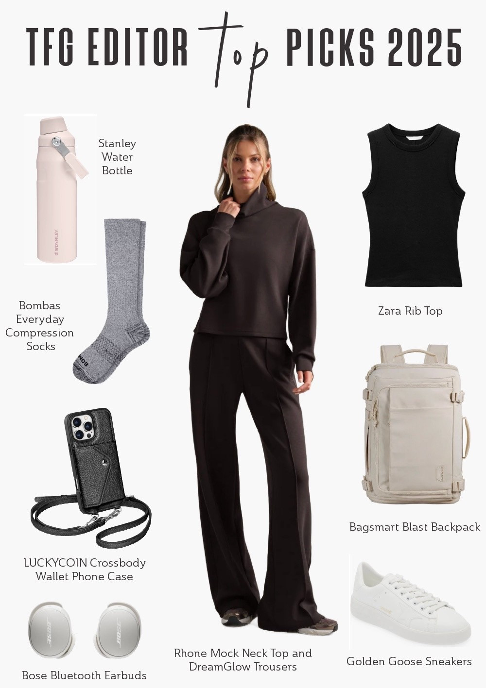 My must-have travel favorites from 2025 ✈️

From the airport outfit that completely changed the game (Rhone Mock Neck + DreamGlow Trousers) to the layers, bags, and shoes I reached for over and over, these are the pieces that truly earned a spot in my travel rotation 🩷

✈️ Rhone two-piece set = polished but insanely comfortable. Flight attendant approved ✨

✈️ Zara tank tops = the perfect layer under two-piece travel outfit sets 👚

✈️ Bagsmart Blast Backpack = my go-to personal item 🎒

✈️ Golden Goose sneakers = still my #1 travel shoe 👟

✈️ Stanley water bottle = comes on every trip 💧

✈️ Intimissimi underwear = unbeatable comfort 🩲

✈️ Bombas compression socks = a flight essential 🧦